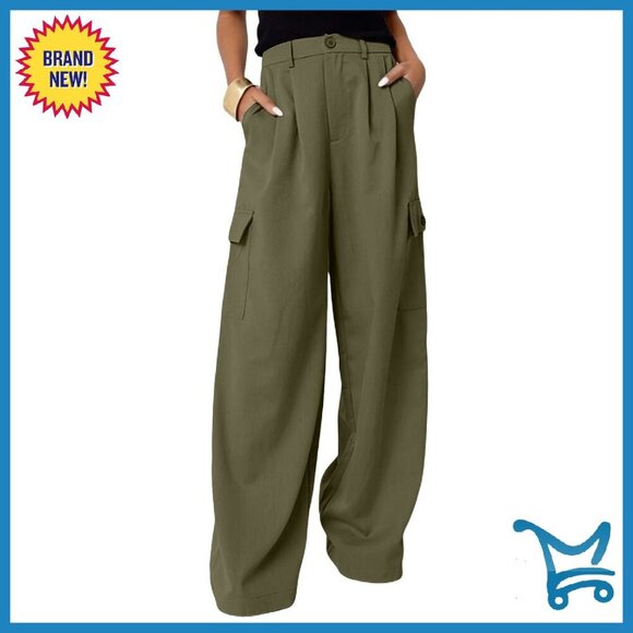 High Waisted Wide Leg Cargo Pants Lightweight Material 4 Pockets